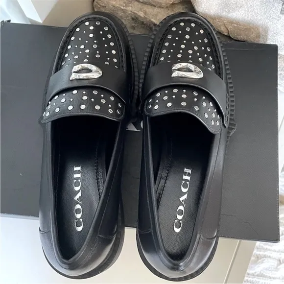 Coach Leela Loafers size 7 studded leather sole wear   creasing and flaw on toe