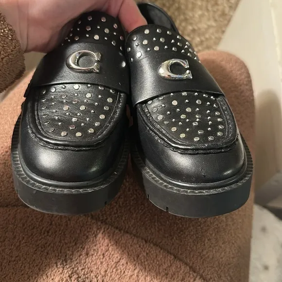 Coach Leela Loafers size 7 studded leather sole wear   creasing and flaw on toe