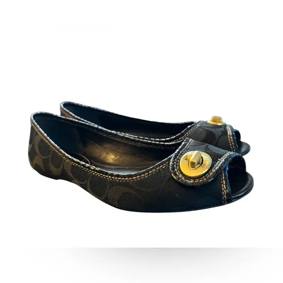 Coach Nicola Peep Toe Flats Black Size 7 EUC Box Included