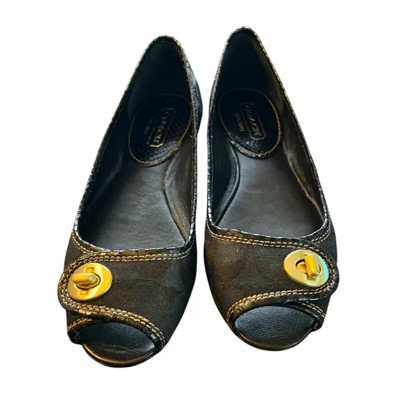 Coach Nicola Peep Toe Flats Black Size 7 EUC Box Included
