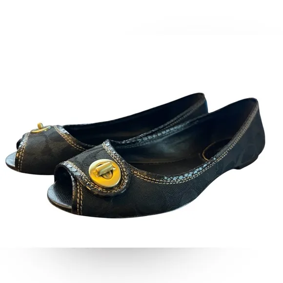 Coach Nicola Peep Toe Flats Black Size 7 EUC Box Included