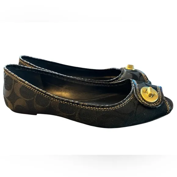 Coach Nicola Peep Toe Flats Black Size 7 EUC Box Included