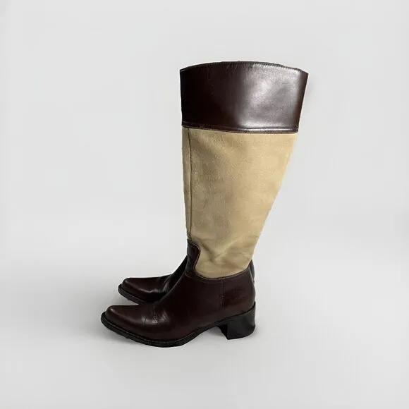 Coach Olivia Riding Boots Tan Suede Brown Leather 6 B Stacked Heel