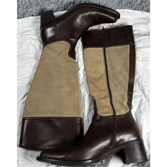 Coach Olivia Riding Boots Tan Suede Brown Leather 6 B Stacked Heel