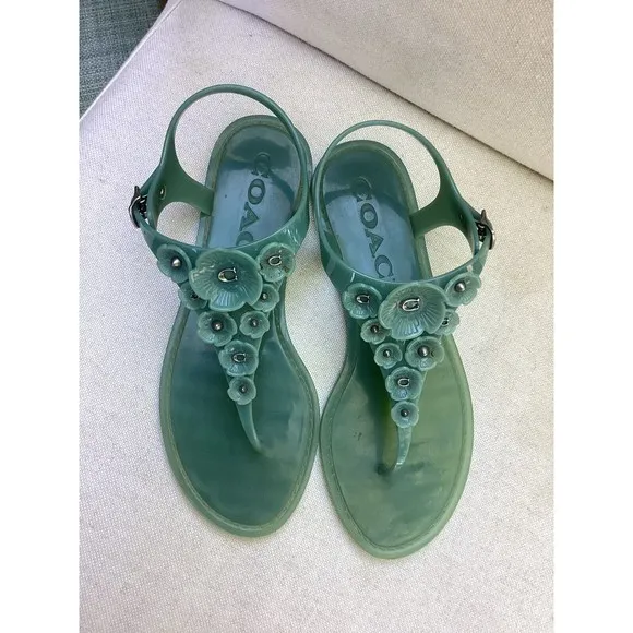 Coach Tea Rose Jelly Streps Thong Sandals Pink Size 7 B Marine Blue