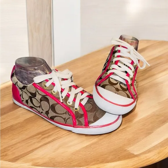 Coach Womens 8.5B Barrett Signature Lace Up Sneakers F0007/I11 Beige Pink