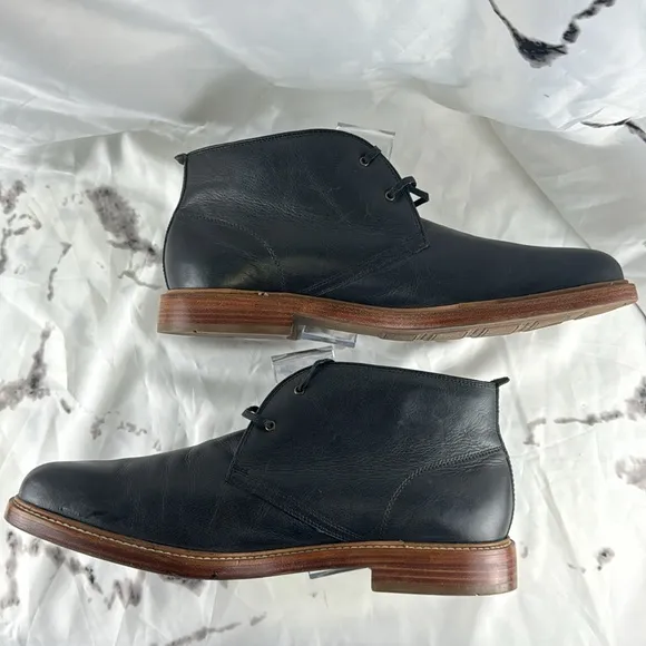 Cole Haan Leather Chukka Boots Black Stacked Wood Heel Rubber Sole Lace-Up