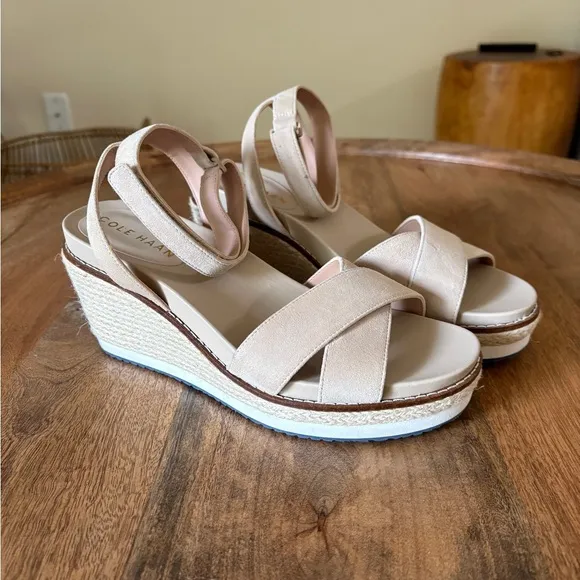 Cole Haan Tan Leather Espadrille Wedge Sandals Womens 7.5 (Never Worn!)