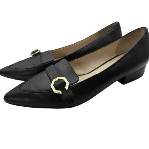 Cole Haan Women Sz 9 Black Leather Loafers Leela Gold Buckle Minimalist Business