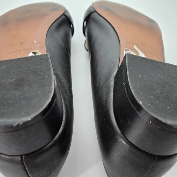 Cole Haan Women Sz 9 Black Leather Loafers Leela Gold Buckle Minimalist Business