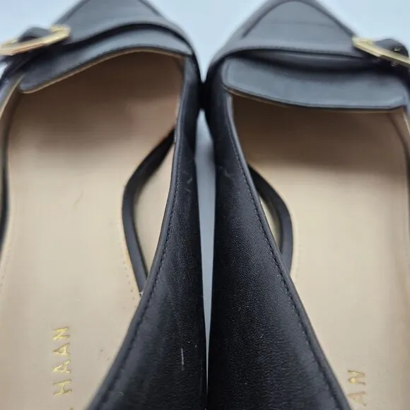 Cole Haan Women Sz 9 Black Leather Loafers Leela Gold Buckle Minimalist Business