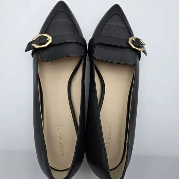 Cole Haan Women Sz 9 Black Leather Loafers Leela Gold Buckle Minimalist Business