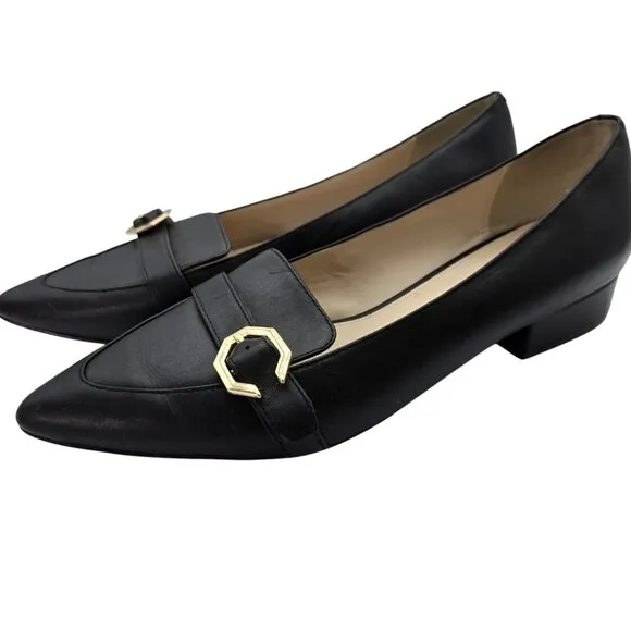 Cole Haan Women Sz 9 Black Leather Loafers Leela Gold Buckle Minimalist Business