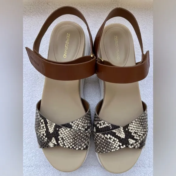 Cole Haan Women’s Zerogrand Criss Cross Snake Print Leather Sandals. 7 1/2 B