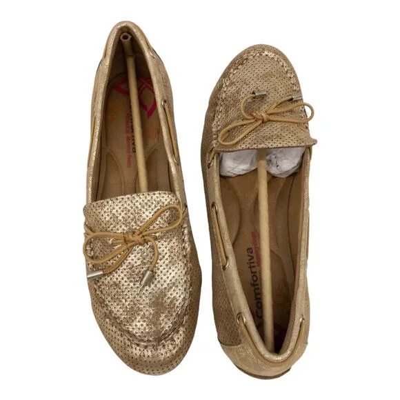 Comfortiva Mindy II Suede Leather Loafers 8.5 Women's Platino Gold Distressed
