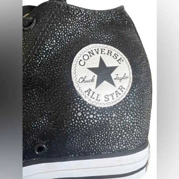 Converse All Stars Mid Lux Black Pebbled Leather Hidden Wedge Hi Tops. Size 9