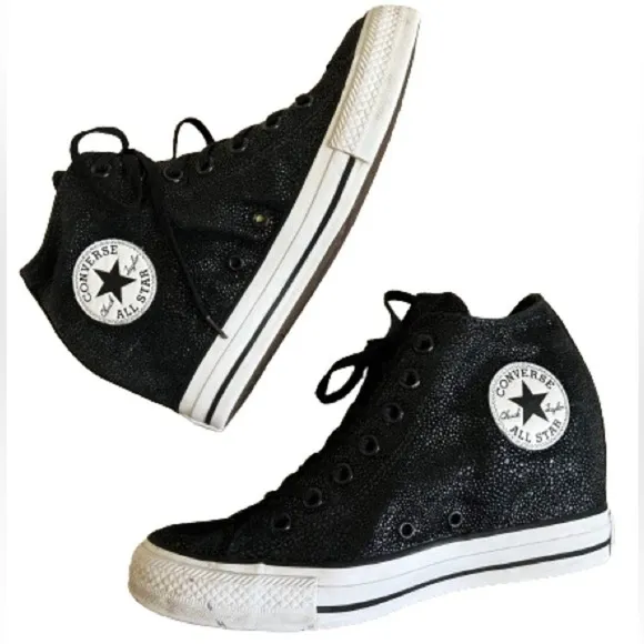 Converse All Stars Mid Lux Black Pebbled Leather Hidden Wedge Hi Tops. Size 9