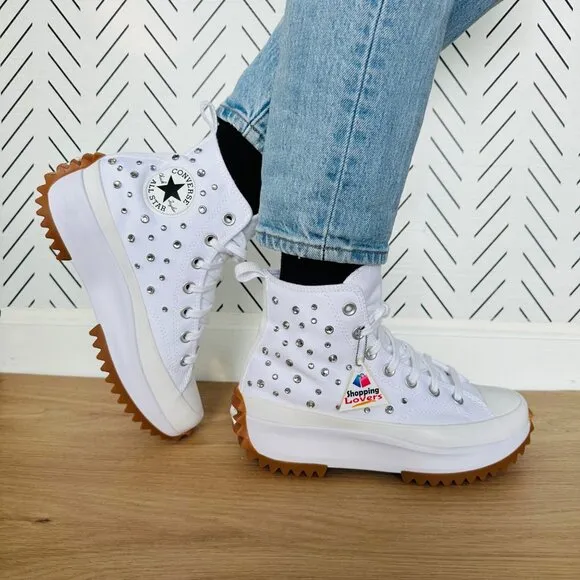 ⭐Converse Run Star Hike Hi Y2K Gems Sz 9.5 Women Shoes White Studs Glam A10289C⭐