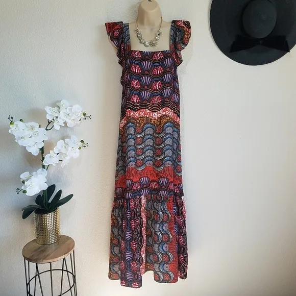 Corey Lynn Calter Doriane Midi Dress Abstract Floral Flutter Sleeves