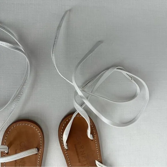Cornetti size 41 Elia White Leather Tie Ankle Wrap Calf Thong Sandals
