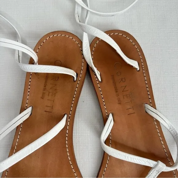 Cornetti size 41 Elia White Leather Tie Ankle Wrap Calf Thong Sandals