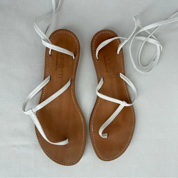 Cornetti size 41 Elia White Leather Tie Ankle Wrap Calf Thong Sandals