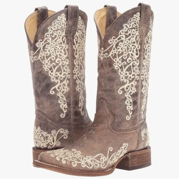 Corral Crater Brown with Bone Embroidery Cowboy Western Boots 7.5 Wide A2663