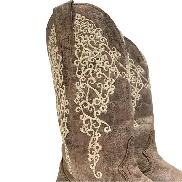 Corral Crater Brown with Bone Embroidery Cowboy Western Boots 7.5 Wide A2663
