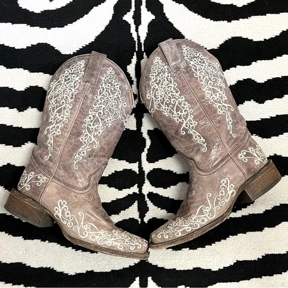 Corral Crater Brown with Bone Embroidery Cowboy Western Boots 7.5 Wide A2663