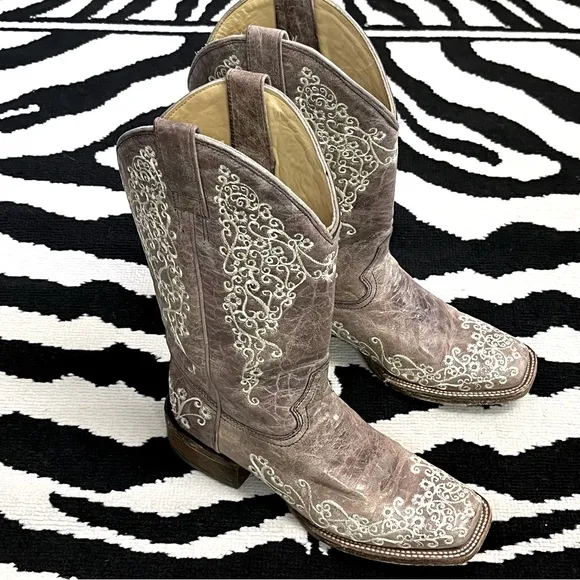 Corral Crater Brown with Bone Embroidery Cowboy Western Boots 7.5 Wide A2663