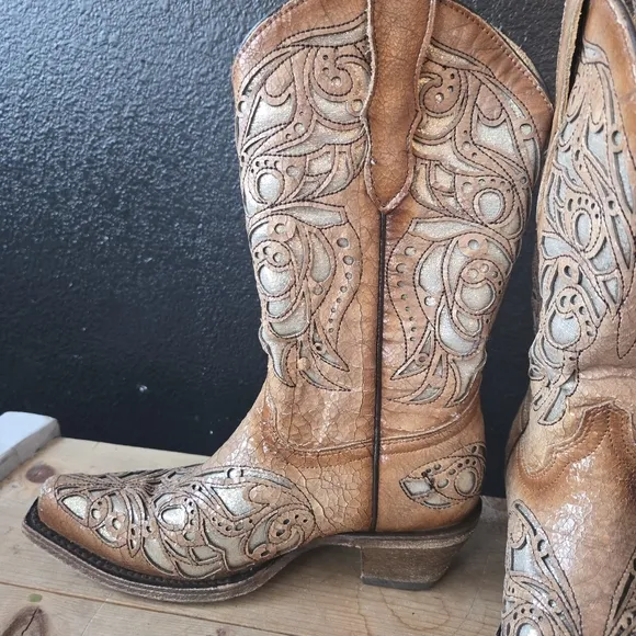 Corral Teens T0080 Shiny Inlay Western Boots Snip Toe 2.5