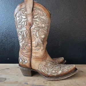 Corral Teens T0080 Shiny Inlay Western Boots Snip Toe 2.5