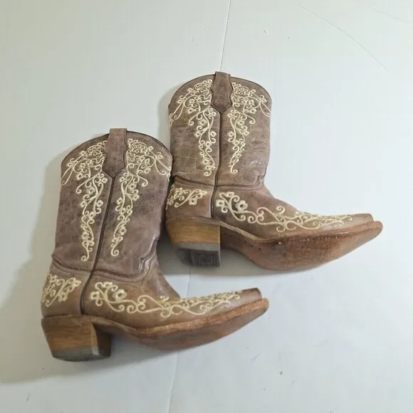 Corral Teens Western Cowboy Boots Size 2.5 T Brown Leather Embroidered