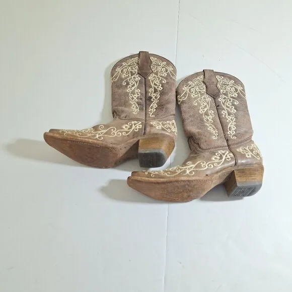 Corral Teens Western Cowboy Boots Size 2.5 T Brown Leather Embroidered