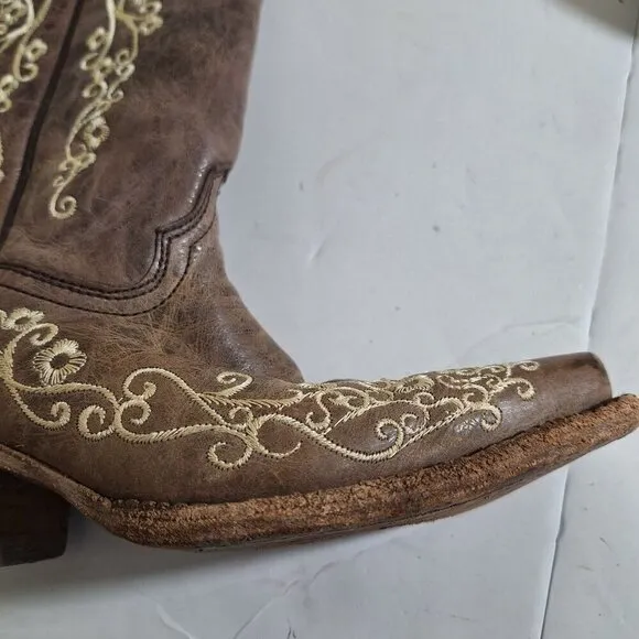 Corral Teens Western Cowboy Boots Size 2.5 T Brown Leather Embroidered