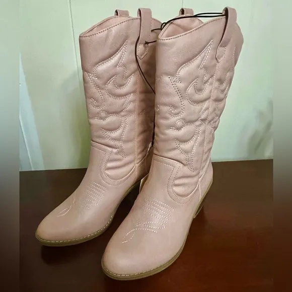 Cowgirl Boots pink faux leather Mid-Calf Stiching Western Low Stacked Heel