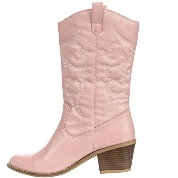 Cowgirl Boots pink faux leather Mid-Calf Stiching Western Low Stacked Heel