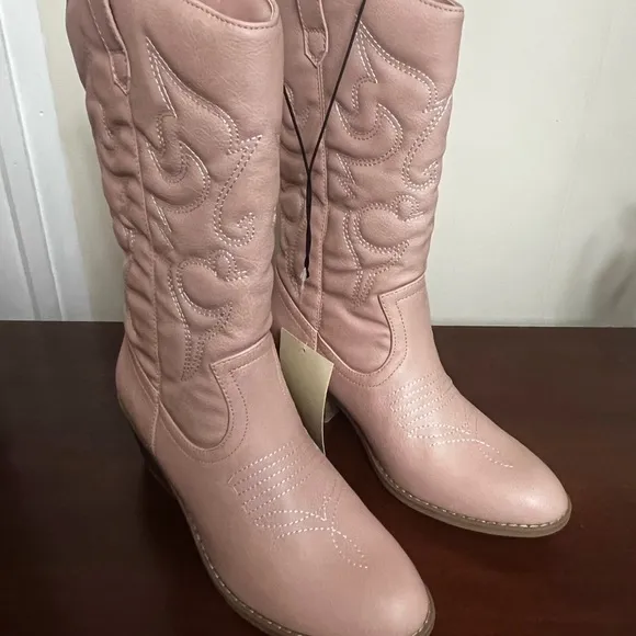 Cowgirl Boots pink faux leather Mid-Calf Stiching Western Low Stacked Heel