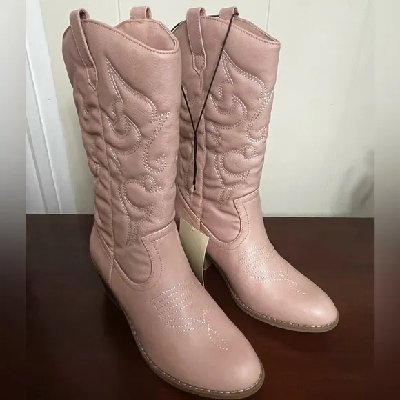 Cowgirl Boots pink faux leather Mid-Calf Stiching Western Low Stacked Heel