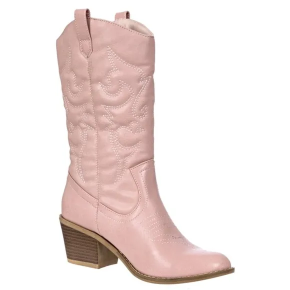 Cowgirl Boots pink faux leather Mid-Calf Stiching Western Low Stacked Heel