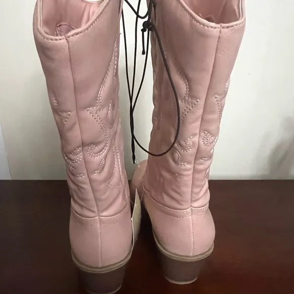 Cowgirl Boots pink faux leather Mid-Calf Stiching Western Low Stacked Heel