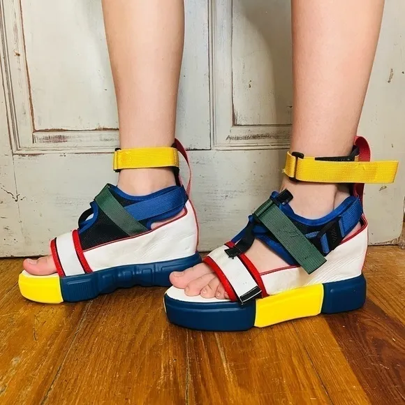 CRANBERRY-02 PLATFORM SANDALS mod colorblock wedges ankle strap sandals 9 9.5