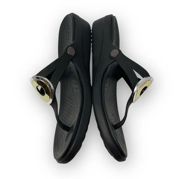 Crocs Sanrah Black Silver Gold Circle Wedge Slip On Sandals Womens Size 10