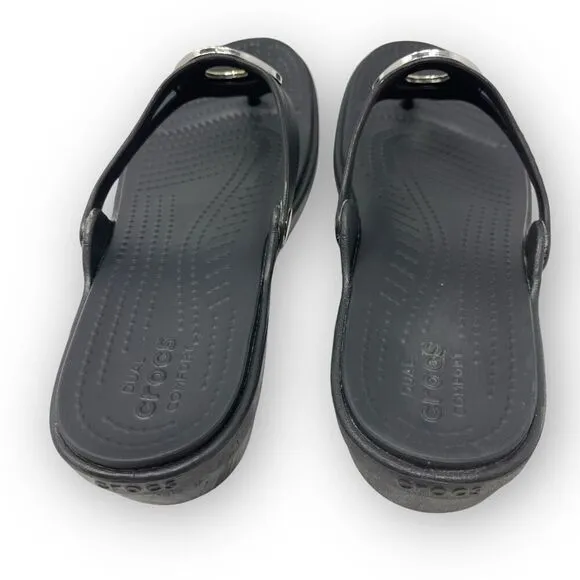 Crocs Sanrah Black Silver Gold Circle Wedge Slip On Sandals Womens Size 10
