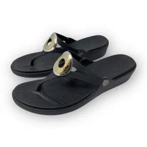 Crocs Sanrah Black Silver Gold Circle Wedge Slip On Sandals Womens Size 10