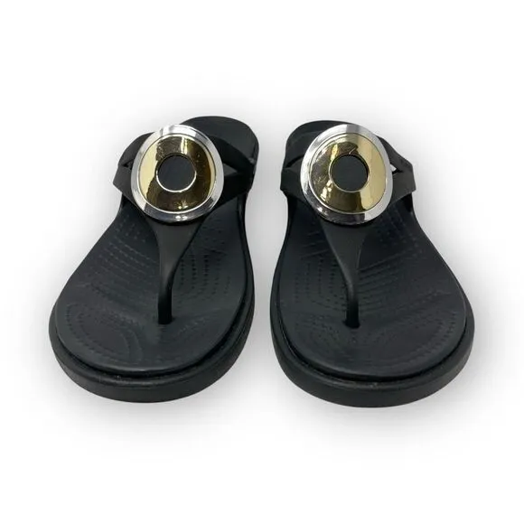 Crocs Sanrah Black Silver Gold Circle Wedge Slip On Sandals Womens Size 10