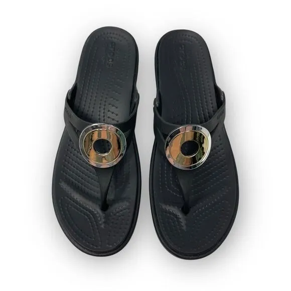 Crocs Sanrah Black Silver Gold Circle Wedge Slip On Sandals Womens Size 10