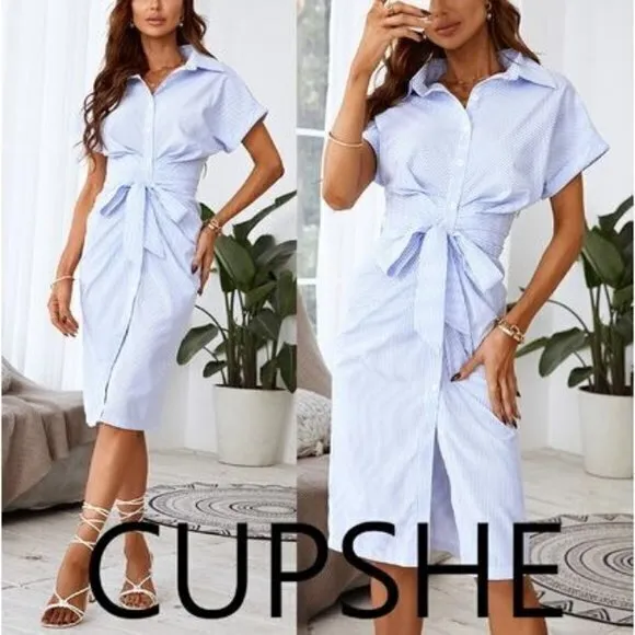 CUPSHE Short Casual Style Pin Stripe Button Down Light Blue‎ Dress Size M