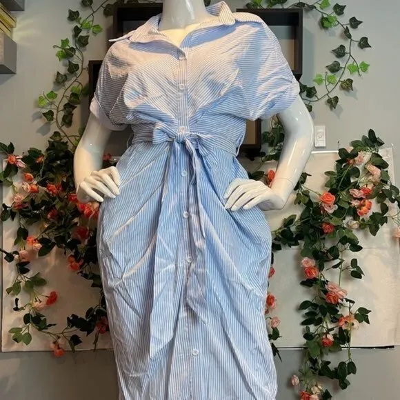 CUPSHE Short Casual Style Pin Stripe Button Down Light Blue‎ Dress Size M