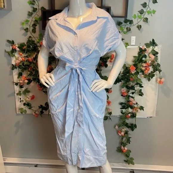 CUPSHE Short Casual Style Pin Stripe Button Down Light Blue‎ Dress Size M